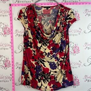 Anne Klein T-shirt Floral Cowl Neck Short Sleeve Top - Red, Purple, Cream